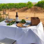 Mesa de picnic con vino De Postín en un viñedo de la Ribera del Duero, Soria.